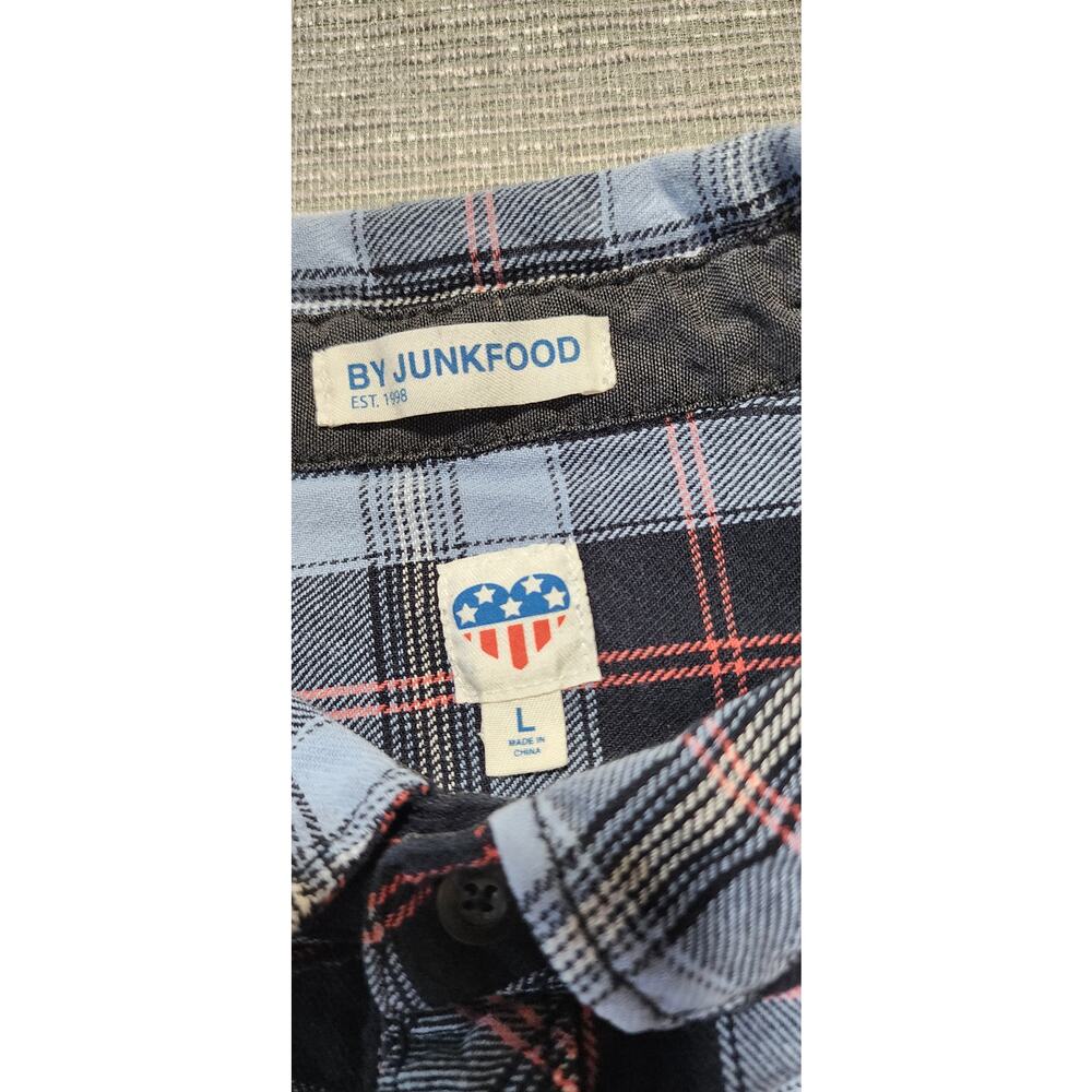 By Junkfood Plaid Flannel Shirt Mens Large Blue Black Long Sleeve Button Up - Picture 7 of 11